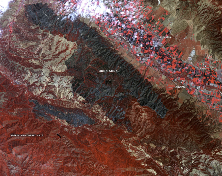 False-colour satellite imagery showing a burn area beside vegetated hills