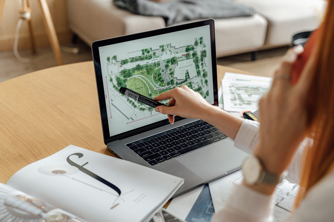 A landscape design plan for an urban park displayed on a laptop screen